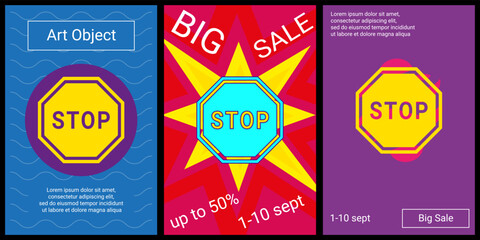 Trendy retro posters for organizing sales and other events. Large stop road sign in the center of each poster. Vector illustration on black background