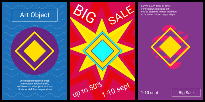 Trendy retro posters for organizing sales and other events. Large main road sign in the center of each poster. Vector illustration on black background