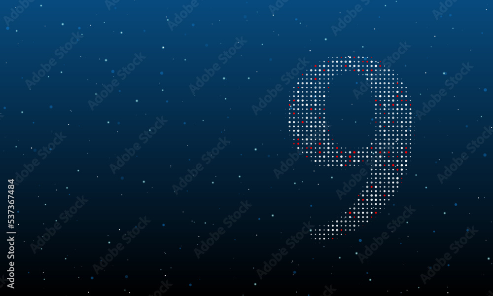 Aufkleber on the right is the number nine symbol filled with white dots. background pattern from dots and circ