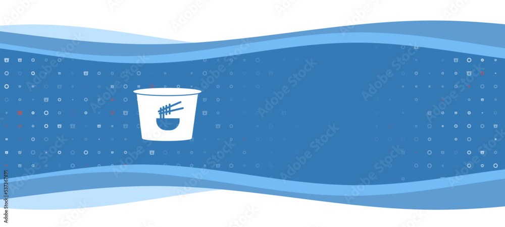Poster blue wavy banner with a white instant noodles symbol on the left. on the background there are small 