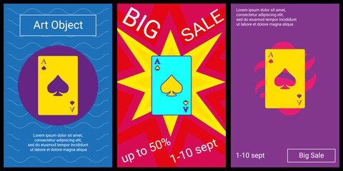 Trendy retro posters for organizing sales and other events. Large ace of spades card in the center of each poster. Vector illustration on black background