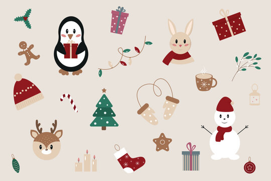 Set of Christmas and New Year elements in flat style. Cute animals and traditional symbols. Vector illustration