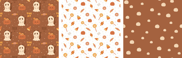 Candies halloween pattern set. Sweet Halloween candy seamless patterns collection. Trick or treat background. Boho Halloween candy wrapping paper. Pumpkin, ghost vector illustration