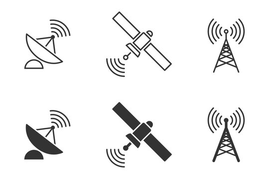 Wireless satellite technology set. Antenna, satelite and satellite dish icons. Vector illustration.