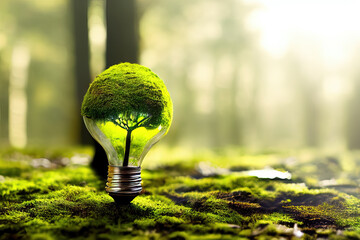 environmental illustation, half plant half light bulb on the forest floor, 