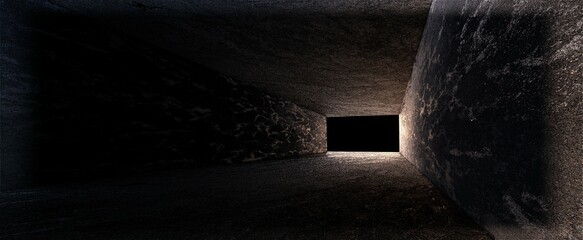 Concrete corridor with glow background. Rough walls with natural pattern and 3d render with sparks of light. Futuristic design of empty stone tunnel with lighting at end