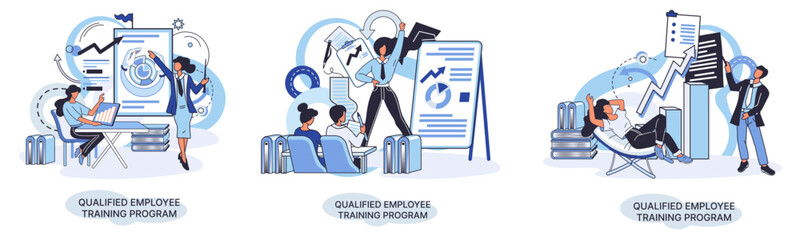 Qualified employee training program. Refresher course metaphor. Help in professional development. Learning for software development and growth. Agile project management team project life scrum meeting