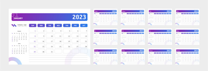 Calendar planner 2023 with creative and trendy gradient color. Monthly 12 month calendar template with side date