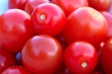 close up of small bright fresh red tomatoes, tumbling tomato variety