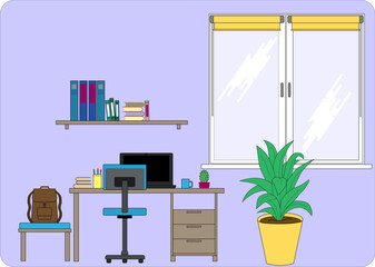 Fototapeta premium The concept of a workplace for a student or a schoolboy. Office desk. Design for collaboration. A desktop with a computer, folders, and a coffee mug.