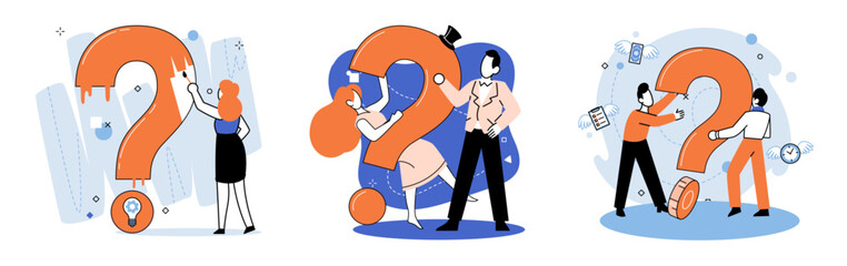 Question mark, obtaining information of interest. Problem and solution concept metaphor. FAQ help. Decision of information task, ask questions and receive answers, paint ladge sign decision of doubts