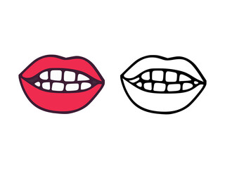 Fototapeta premium Mouth or lips with teeth in cartoon and outline style isolated on white background