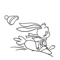 2 / 25 Cute bunny rides on sleight on snow hill. Christmas, New Year and Easter contour vector for banner, cards and product design. Collection of rabbits in cartoon style. Fun and humour.
