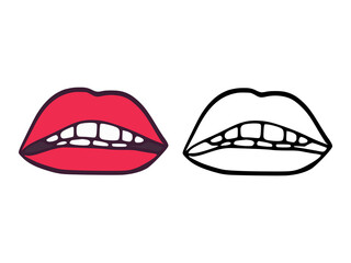 Mouth or lips with teeth in cartoon and outline style isolated on white background