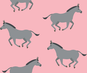 Vector seamless pattern of hand drawn flat running donkey isolated on pink background