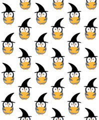 Vector seamless pattern of flat cartoon Halloween penguin with witch hat and pumpkin isolated on white background