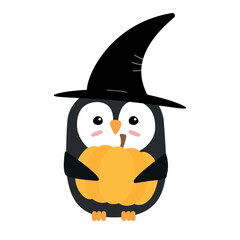 Vector flat cartoon Halloween penguin with witch hat and pumpkin isolated on white background