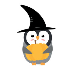 Vector flat cartoon Halloween penguin with witch hat and pumpkin isolated on white background