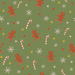 Vector Merry Christmas seamless pattern. Christmas, sweets, candy canes, stars, snowflakes, bells and pine cones on green background.