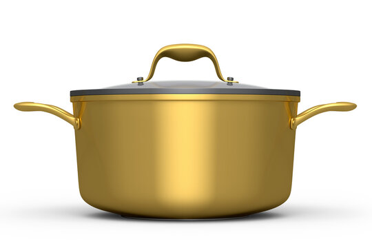 Stainless steel stewpot and chrome plated aluminum cookware on white background