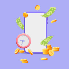 3d vector  smartphone with alarm clock and investing and floating coins, dollar mockup design. Cartoon render reminder template cash back, discount, time to shop, online shopping, digital marketing