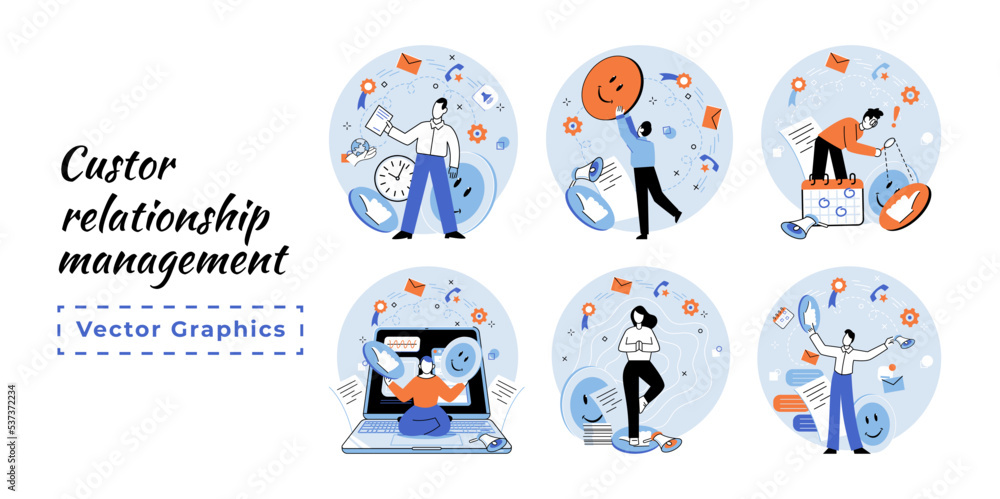 Poster crm metaphor. customer relationship management. application software for organizations automatisatio