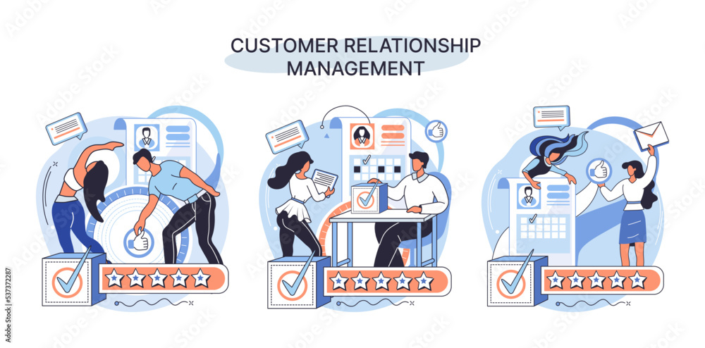 Poster crm metaphor. customer relationship management. application software for organizations automatisatio
