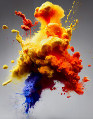 Colorful red, yellow and blue paint drops  flowing in water. Fantasy dream scape and artistic resource. Render