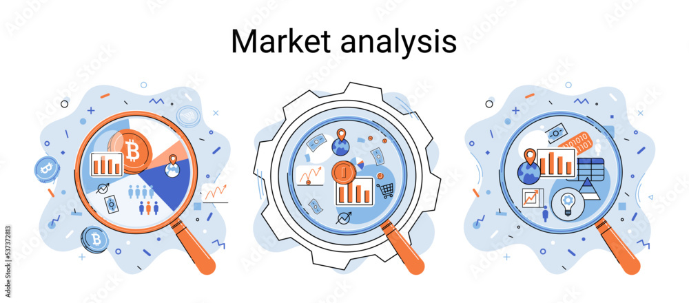 Poster market statistics data analysis metaphor marketing strategy development. business research. identify