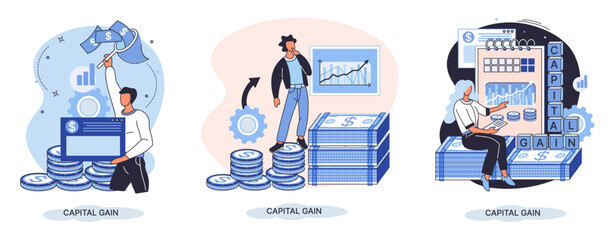 Capital gain, net income, monetary profit and growing graph up. Economic growth, income from investments. Metaphor of business success. Difference between purchase price of an asset and its sale price