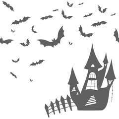 Vector. Night, bats, castle, seamless pattern. Grey, black and white scary Halloween illustration. Background hand drawn in cartoon style. Repeating wallpaper, sketch. Design of wrapping, gift paper.