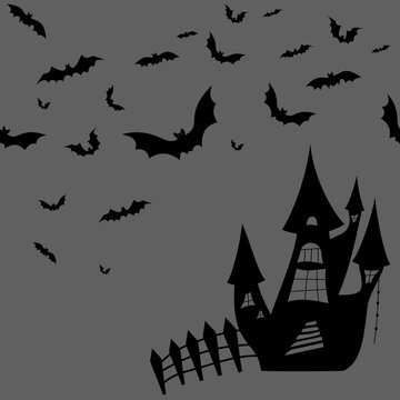 Vector. Night, bats, castle, seamless pattern. Grey, black and white scary Halloween illustration. Background hand drawn in cartoon style. Repeating wallpaper, sketch. Design of wrapping, gift paper.