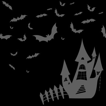 Vector. Night, bats, castle, seamless pattern. Grey, black and white scary Halloween illustration. Background hand drawn in cartoon style. Repeating wallpaper, sketch. Design of wrapping, gift paper.