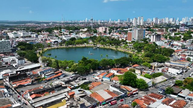 Aerial landscape of lagoon tourism landmark of city of Joao Pessoa at Brazilian Paraiba State. Northeast Brazil. Famous lake of city. Cityscape Joao Pessoa Paraiba. Downtown Joao Pessoa Brazil.