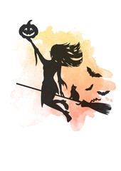 Thème Halloween illustration sorcière, chaudron, balai