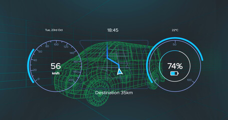 Composition of car interface over digital van on black background