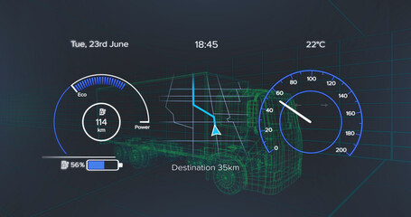 Composition of car interface over digital truck on black background