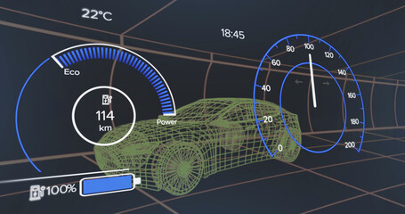Composition of car interface over digital car on black background