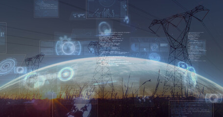 Composition of data processing with scope scanning and globe over electricity pylons