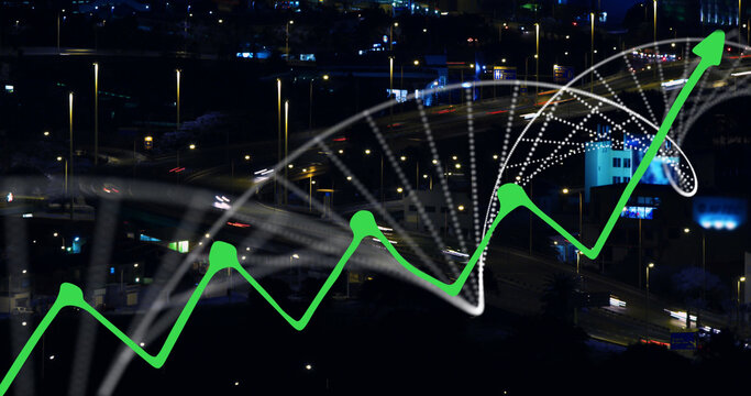 Image of graph and dna strand over cityscape