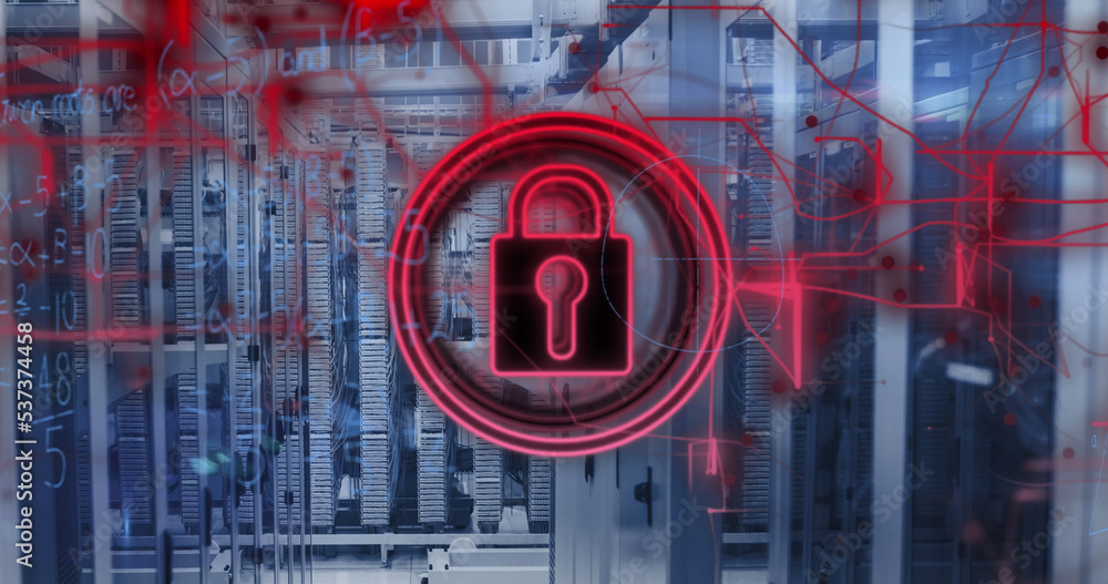 Poster image of data processing and padlock over server room