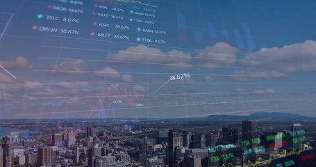 Obraz na płótnie Canvas Image of finacial data processing over cityscape