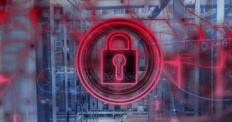 Image of data processing and padlock over server room