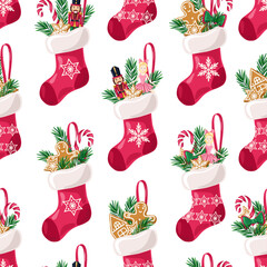 Christmas toys in red christmas socks on white background. Seamless pattern.Texture for fabric, wrapping, wallpaper
