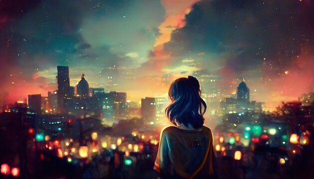 Cute Anime woman looking at the cityscape by night time. A sad, moody. Manga, lofi style. 3d rendering
