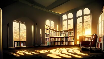 Calm relaxing library. Beautiful light in a room filled with books. Lofi manga anime style workstation. 3d rendering