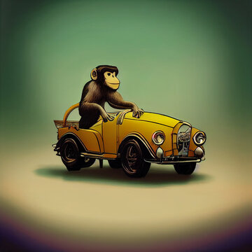 A monkey driving a car. Let's go on a trip.
