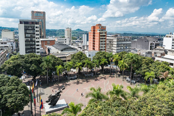 Pereira, Risaralda, Colombia. February 3, 2022: Bolivar square landscape with blue sky.