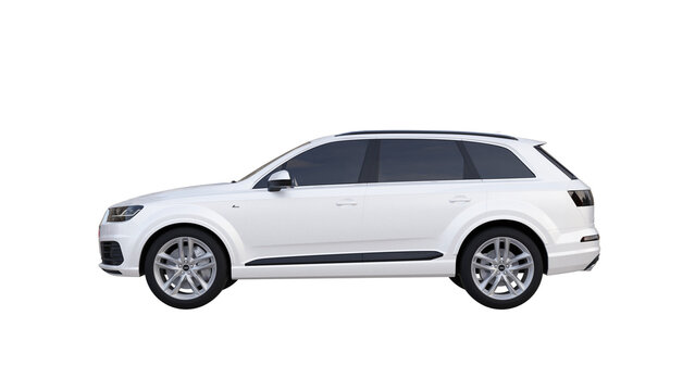 side view of white car isolated on white, AUDI Q7 png transparent background 3d rendering