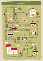Hand drawn vector railway map. Cute kids train, railroad and stations. Cartoon composition for childish design